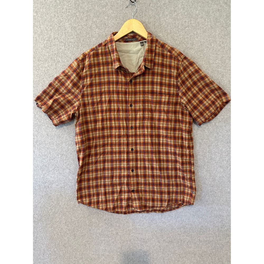Toad&Co Mens Large Orange Plaid 100% Organic Cotton Short Sleeve Button Up Shirt